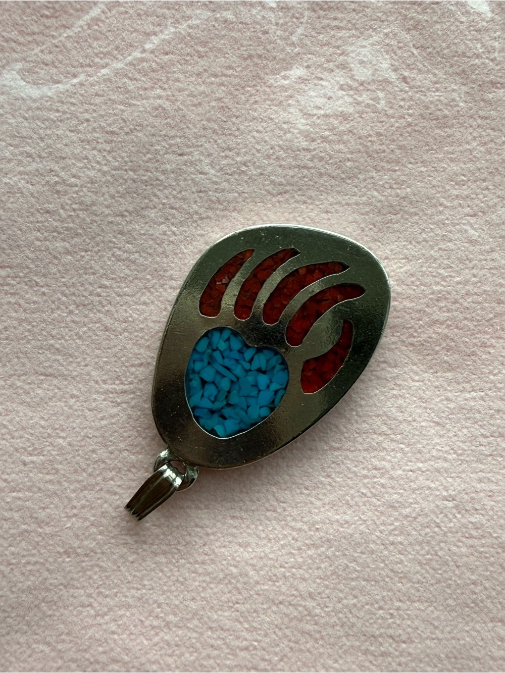 Vintage Navajo turquoise and coral inlay sterling silver bear Paw Pendant